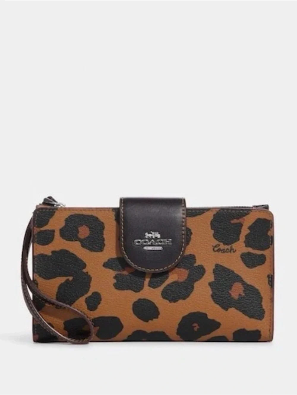 COACH Leopard Print Leather Wristlet Card Case - Brown & Black